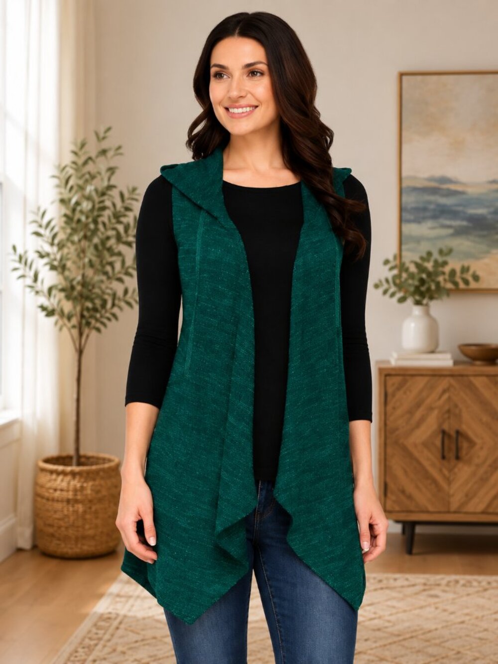 LOGO by Lori Goldstein Blue Spruce Sweater Knit Hooded Vest – Medium